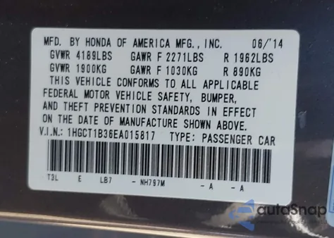 2014 Honda Accord Lx-S из США, поврежденный, VIN 1HGCT1B36EA015817